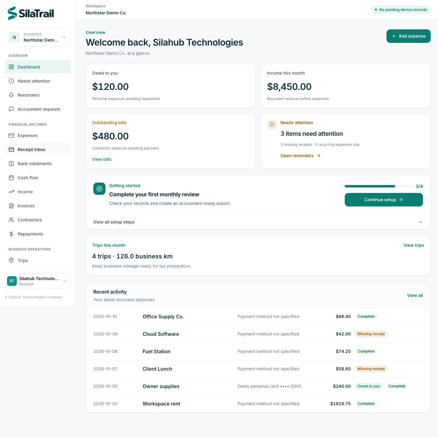 SilaTrail dashboard showing expenses, income, bills, missing receipts, monthly review progress and recent activity for Northstar Demo Co.